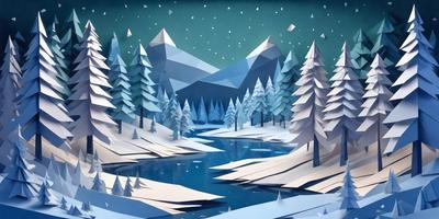 The primary subject of the image is a snowy landscape featuring a body of water, such as a lake, surrounded by snow-covered trees. The setting appears to be a winter scene with a nighttime atmosphere. The visual style of the image is a combination of digital art and illustration, creating a realistic yet artistic representation of the snowy landscape. The colors and mood of the image are predominantly blue and white, with a sense of tranquility and serenity.